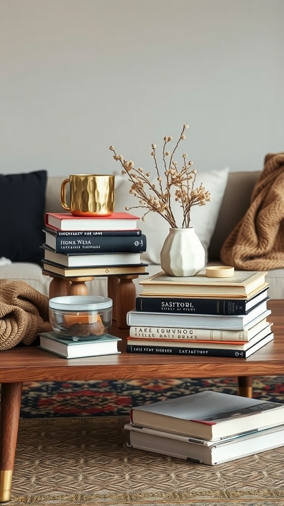 A coffee table with layered textures, including stacks of books, a decorative mug, and a small vase with dried flowers, surrounded by a cozy knitted blanket.