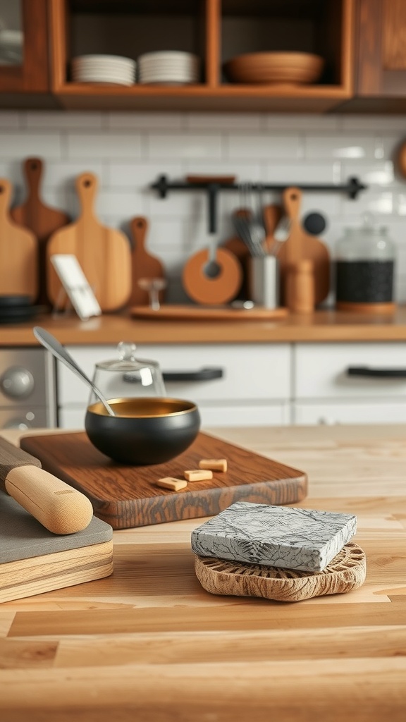 A kitchen counter featuring wooden cutting boards, a stone coaster, and a black bowl with a spoon, showcasing layered textures.