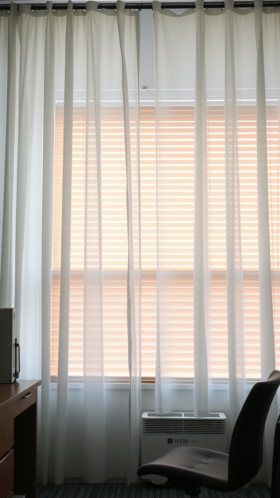 Layered sheer curtains and wooden blinds in a window setting