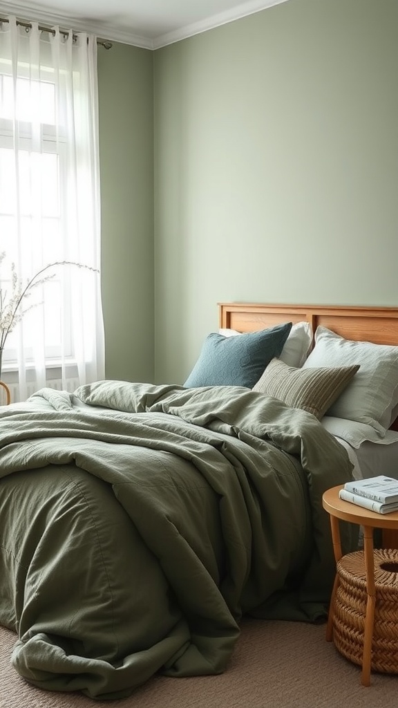 A serene sage green bedroom with layered bedding and textured pillows.