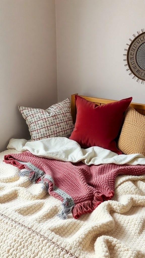 A cozy corner bed with layered textures including pillows and blankets.