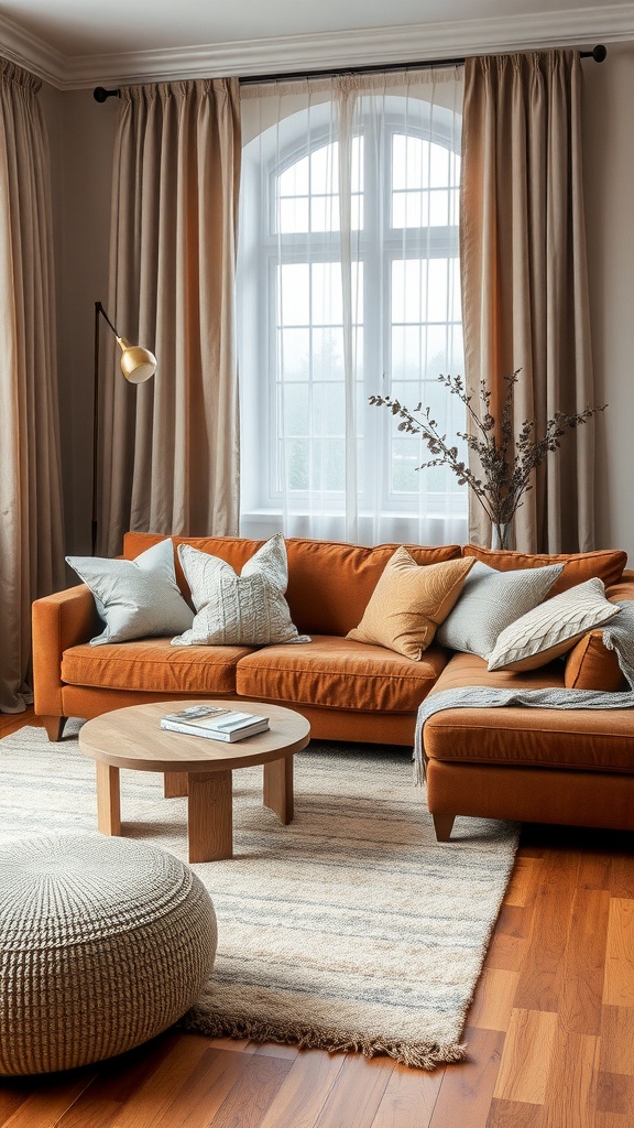 A cozy living room featuring a brown sofa adorned with pillows, a round coffee table, and a woven rug.