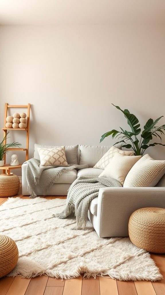 A cozy beige living room with a plush sofa, layered textures, and natural elements.