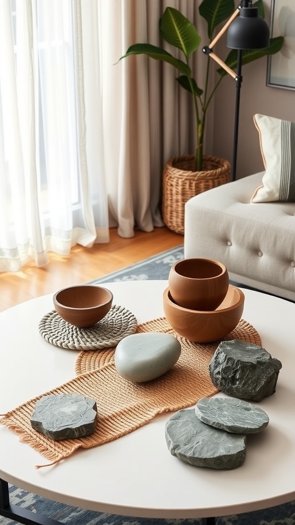 A round coffee table decorated with wooden bowls, stone accents, and a woven runner, showcasing layered textures.
