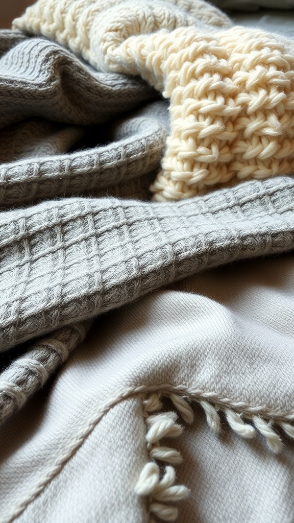 A cozy arrangement of knitted blankets and a pillow in soft neutral tones.