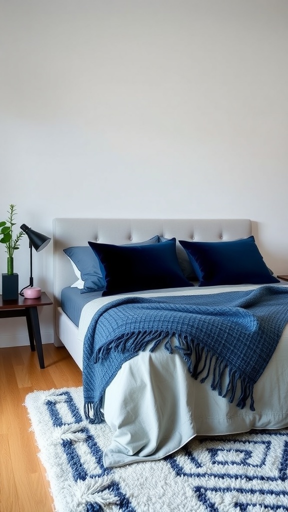 A cozy navy blue bedroom featuring layered fabrics, a bed with navy pillows and a throw blanket, and a patterned rug.