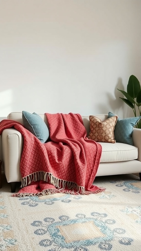 A light-colored couch with a red throw blanket and blue pillows, creating a cozy and inviting atmosphere.