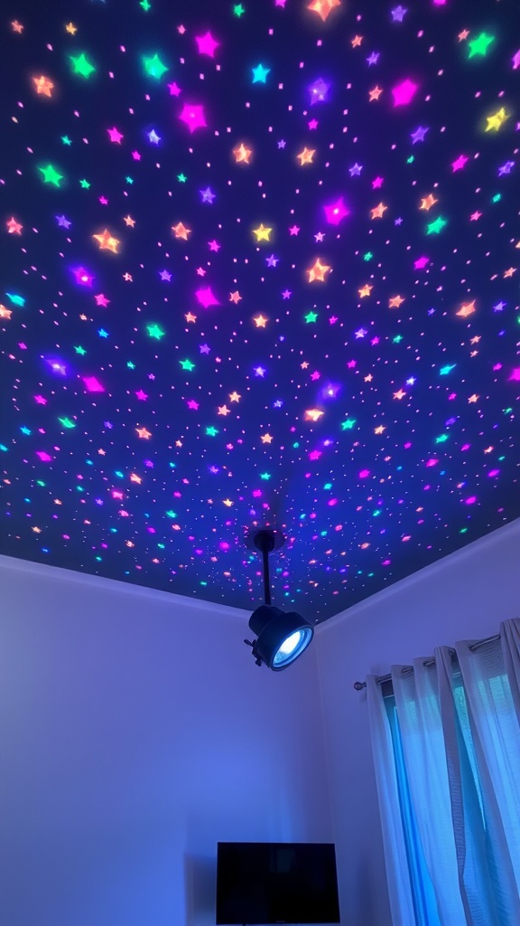 Colorful LED star projection on a ceiling