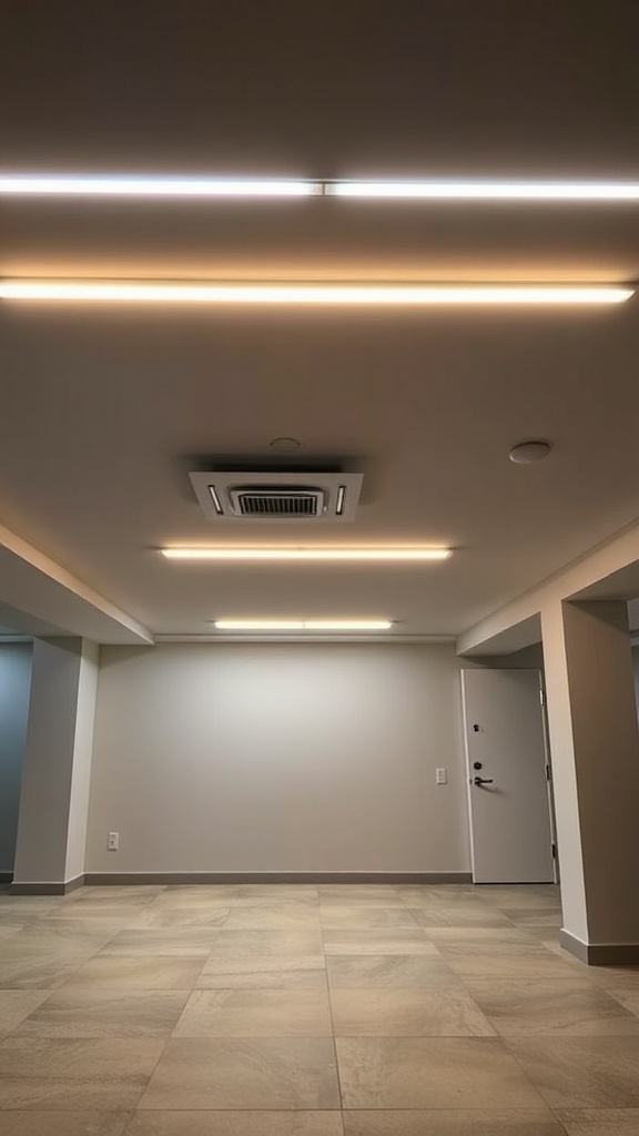 Modern basement ceiling with LED strip lighting and neutral tones