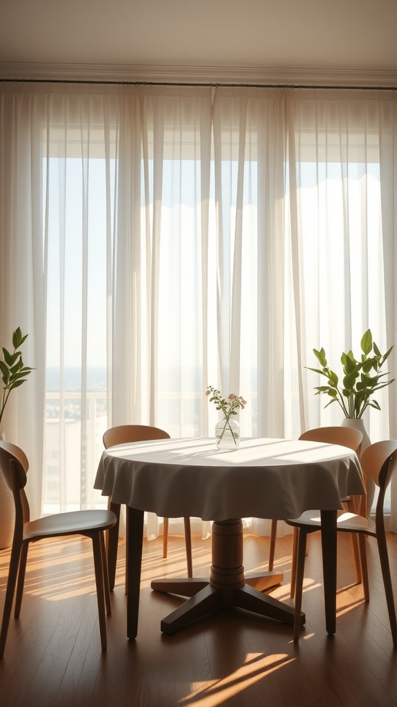 A dining room with light-filtering sheer curtains, a round table, and wooden chairs, illuminated by natural light.