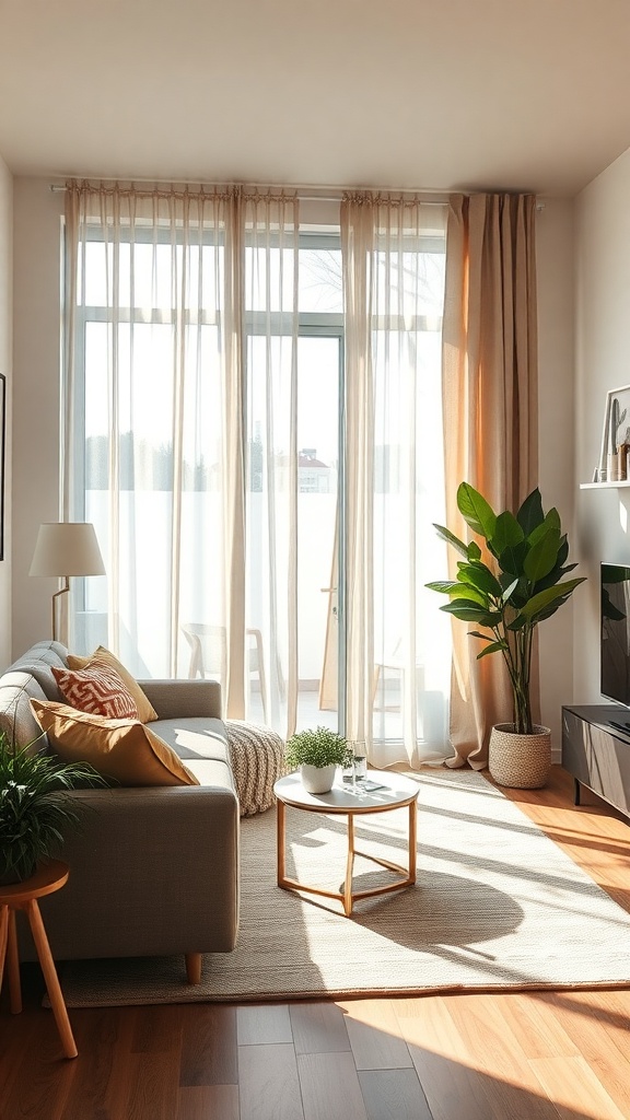 A cozy living room with light-filtering sheer curtains, a sofa, and a potted plant.
