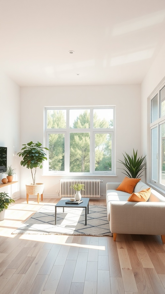 A bright and airy living room in a studio apartment with a light color palette, featuring soft white walls, plants, and a cozy sofa.