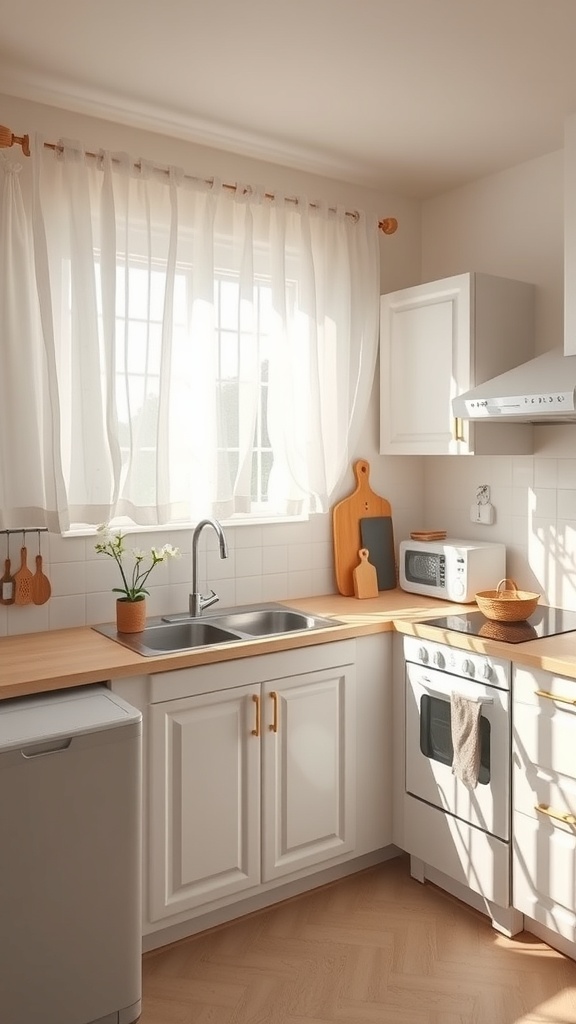 A bright kitchen with light and airy sheer curtains, wooden countertops, and white cabinetry.