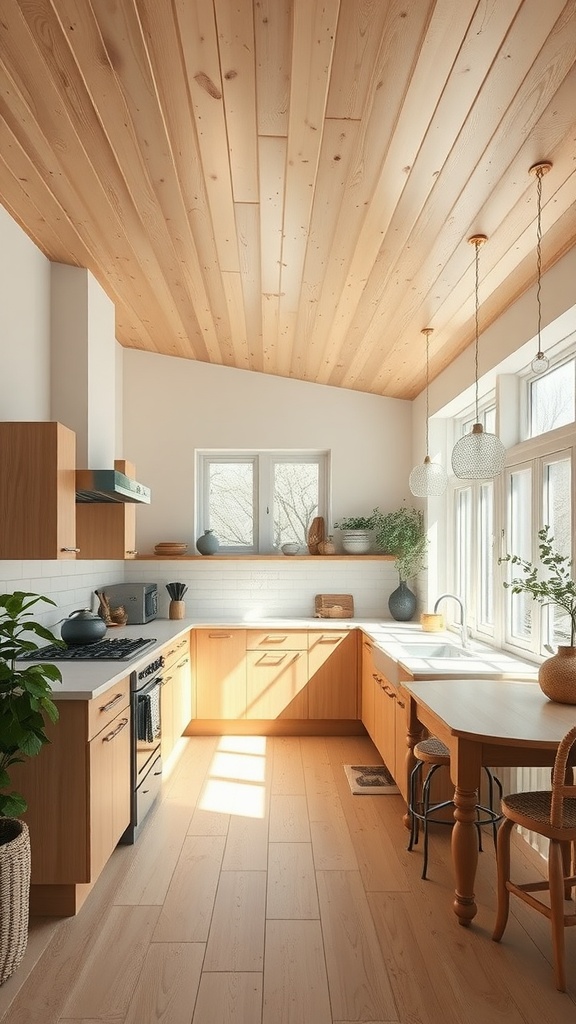 A bright kitchen with a light wood ceiling, showcasing warmth and natural light.