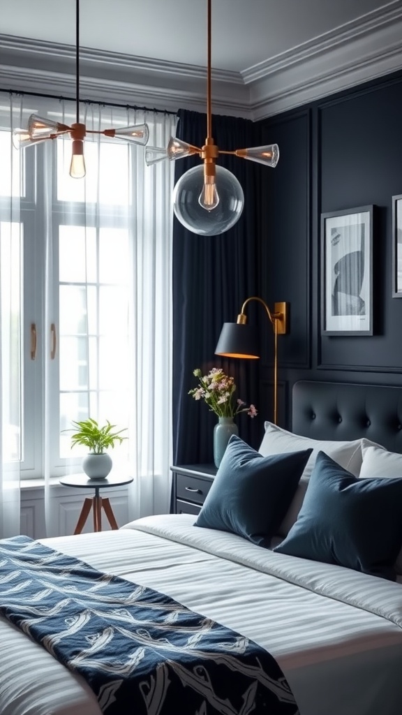 A navy blue bedroom featuring stylish lighting fixtures and elegant decor.