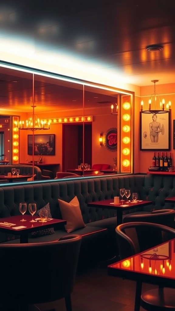 A stylish restaurant with a mirror wall reflecting warm lighting and creating a cozy atmosphere.