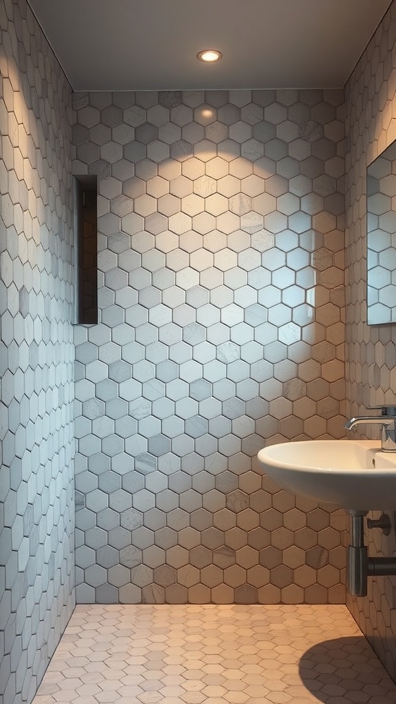 A well-lit bathroom featuring hexagon tiles on the walls and floor, with recessed lighting enhancing the tile design.