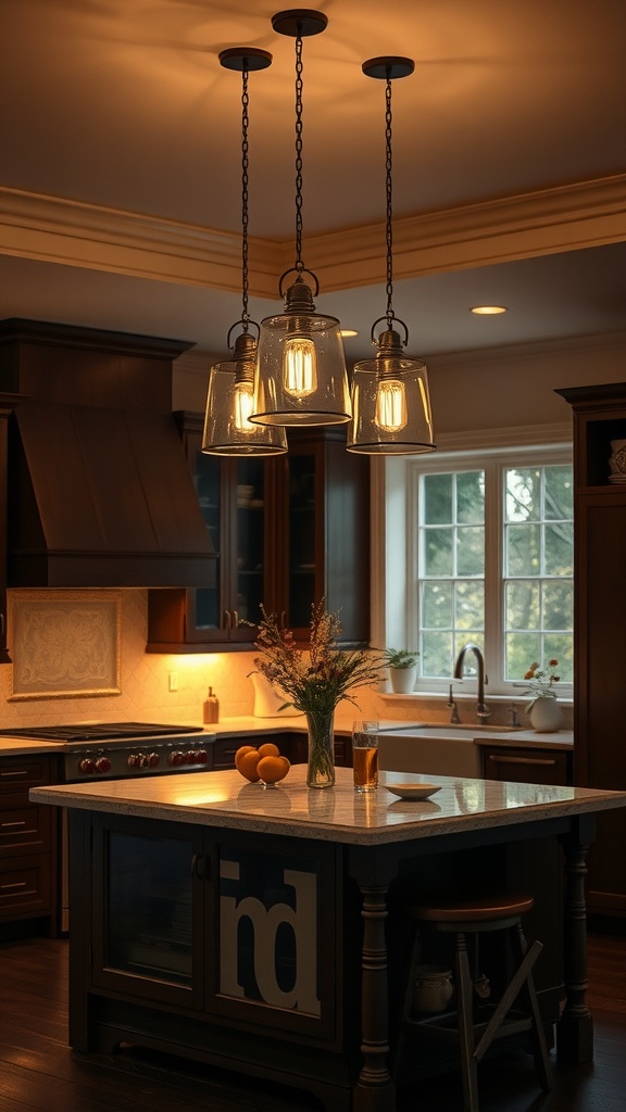 Stylish kitchen with three glass pendant lights above a dark wooden island, featuring a cozy and inviting atmosphere.