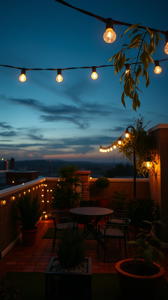 A charming rooftop garden illuminated with string lights and lanterns at dusk, featuring plants and a cozy seating area.