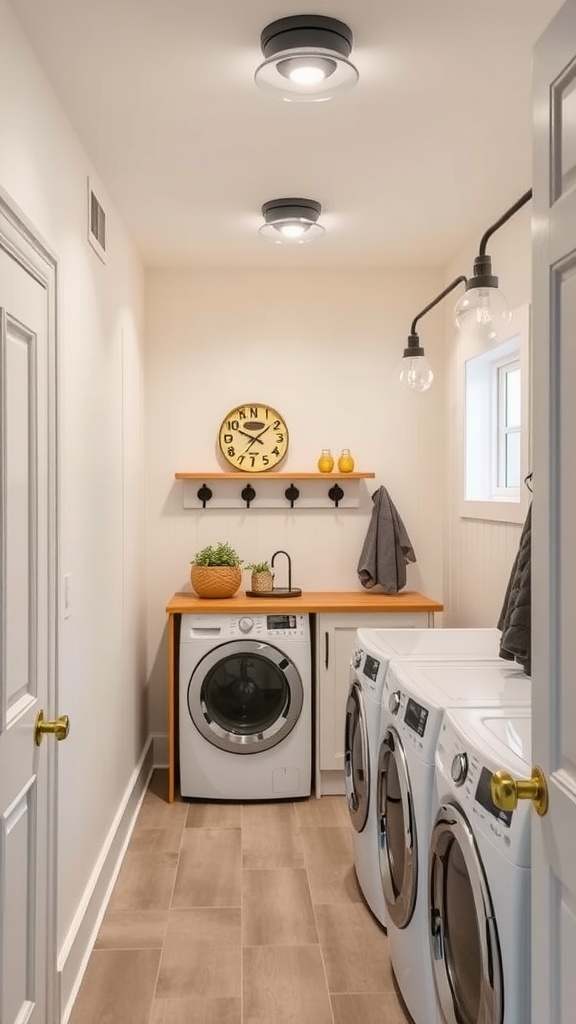 A modern mudroom laundry room featuring bright ceiling lights and a pendant light, with a countertop and washing machines.