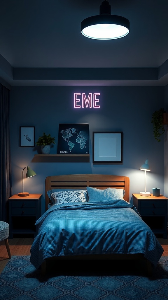 Cozy shared bedroom with modern lighting and blue tones.