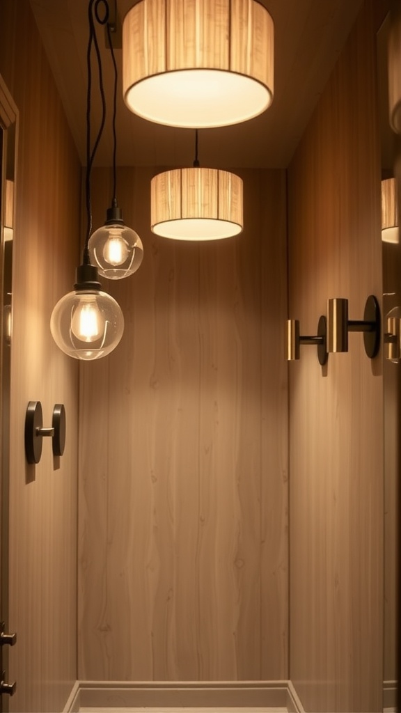 A small dressing room hallway featuring warm pendant lights and elegant wall sconces.