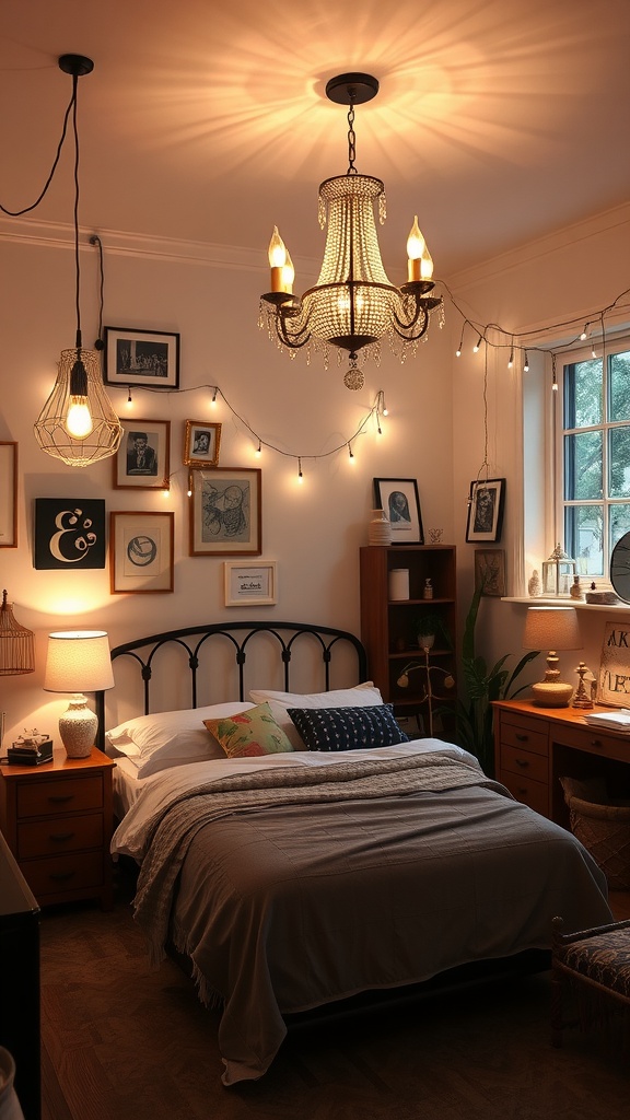 An eclectic bedroom featuring a chandelier, bedside lamps, and string lights, creating a warm and inviting atmosphere.