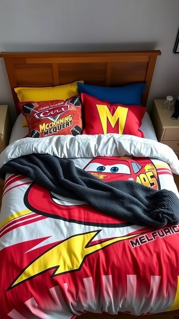 A Lightning McQueen bedding set featuring a red comforter with Lightning McQueen's image and colorful pillows.