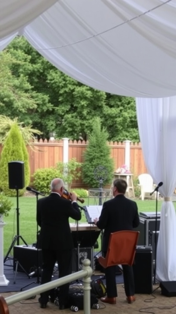 Two musicians performing under a white canopy at an outdoor wedding.