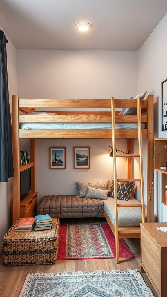 Lofted bunk bed in a small room with a cozy reading nook below