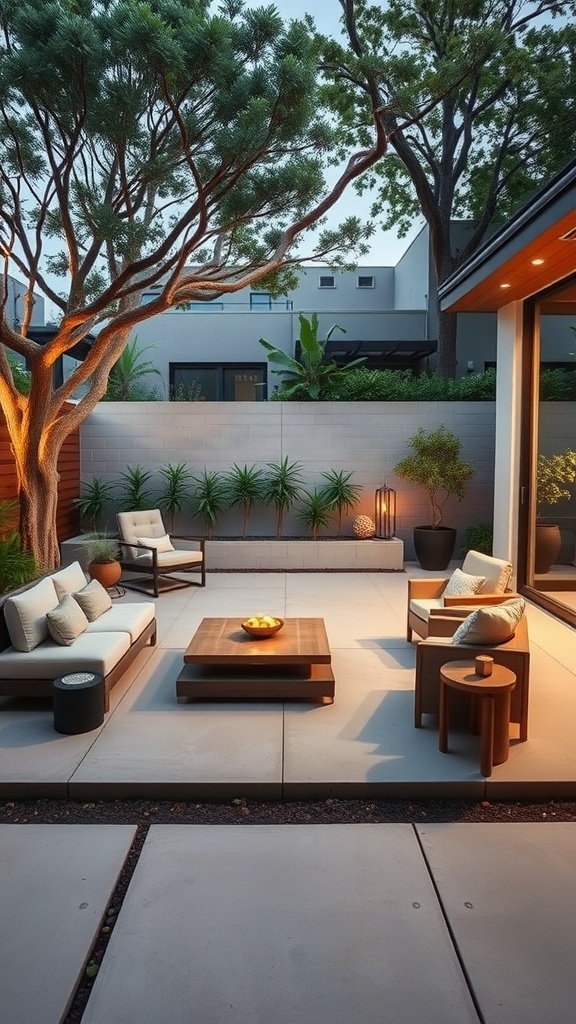 A stylish backyard with low-maintenance concrete slabs, featuring comfortable seating and plants.