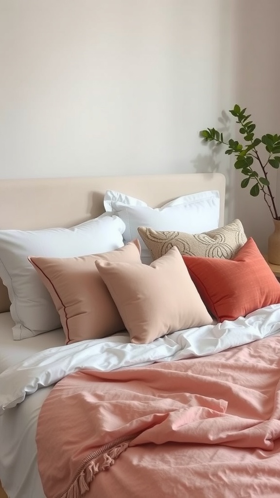 A cozy bed with layered pillows in shades of peach and coral, featuring a white blanket and a green plant nearby.
