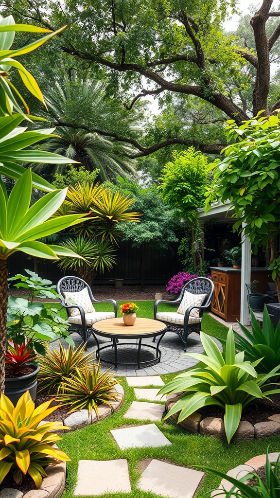 A backyard with lush greenery, native plants, and a cozy seating area.