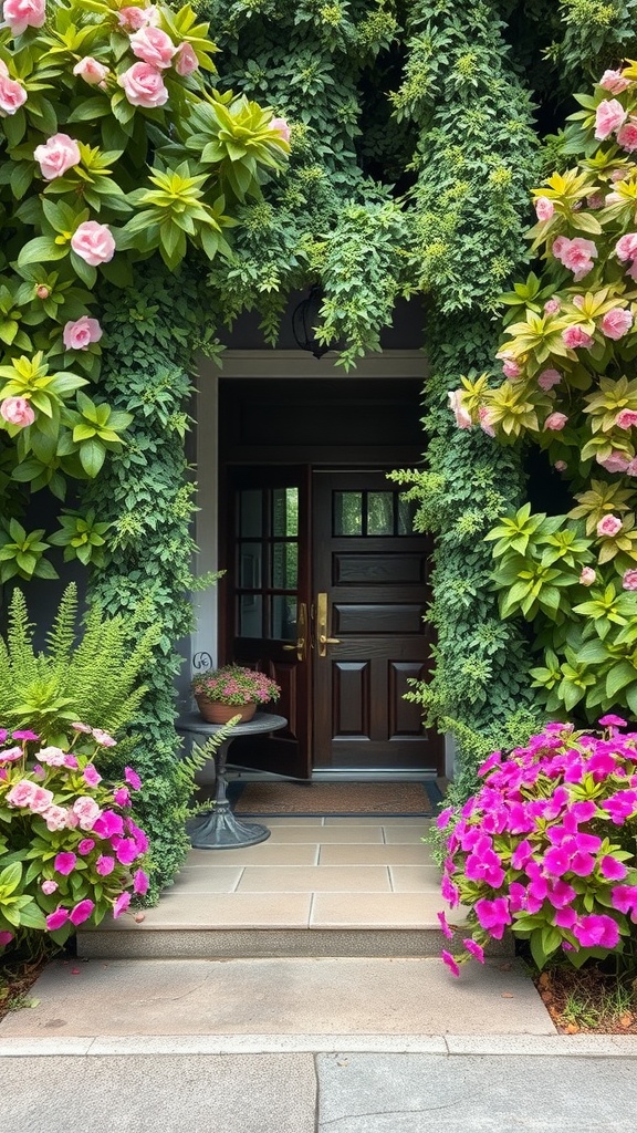 A front door entryway surrounded by lush greenery and colorful flowers.