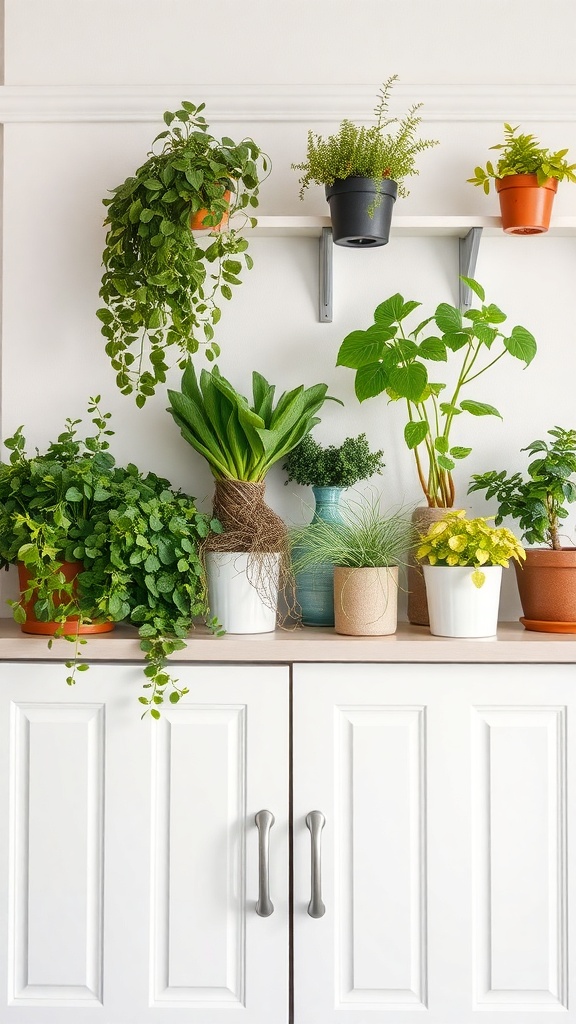 A collection of potted plants arranged above kitchen cabinets, featuring various types of greenery in colorful pots.