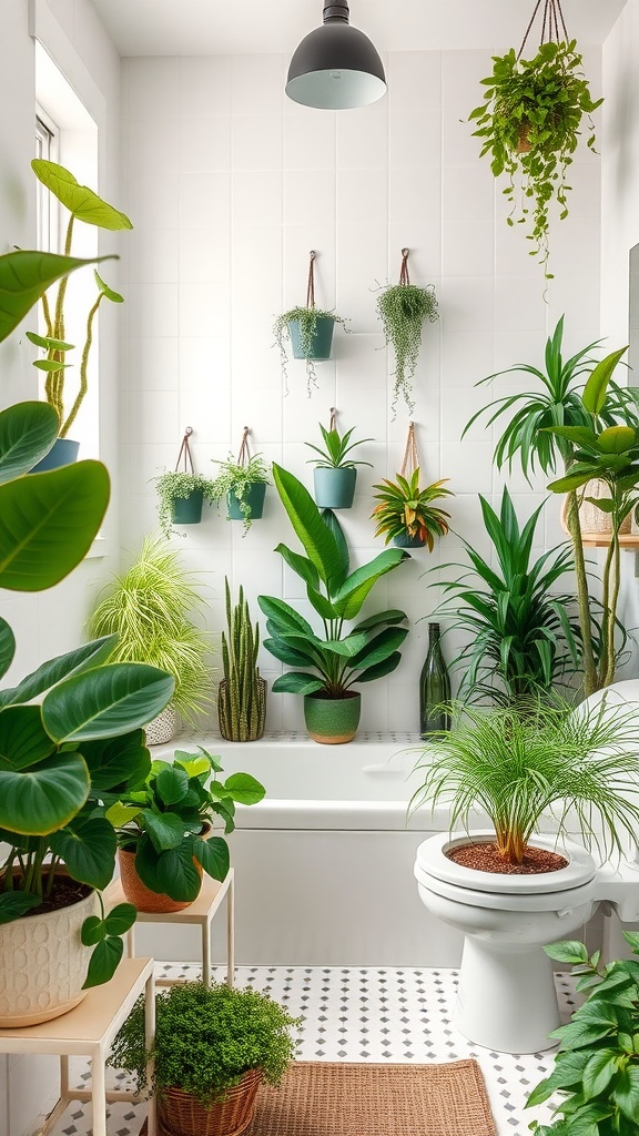 A bathroom filled with various lush indoor plants, showcasing a refreshing vibe.