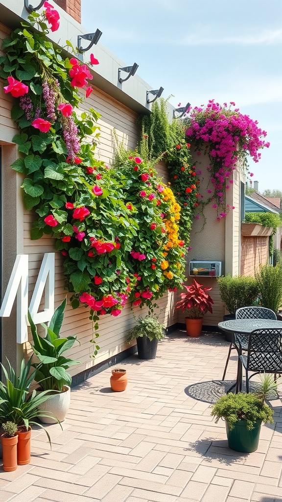 A vibrant vertical garden filled with colorful flowers on a patio wall, surrounded by potted plants and a seating area.
