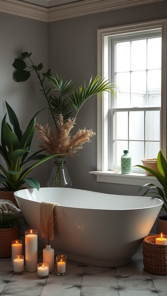 A stylish freestanding bathtub surrounded by plants and candles, creating a serene bathroom setting.