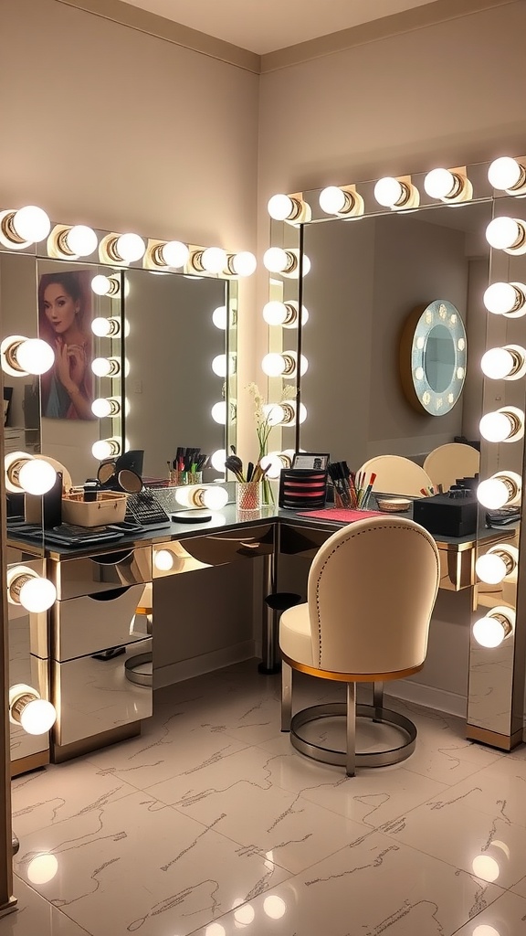 A luxurious Hollywood-style makeup station featuring a mirrored vanity table, bright lights, and organized makeup products.