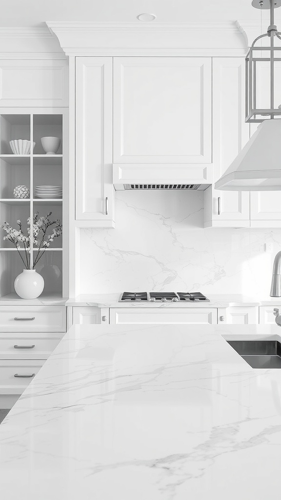 Luxurious white kitchen featuring marble countertops and backsplashes