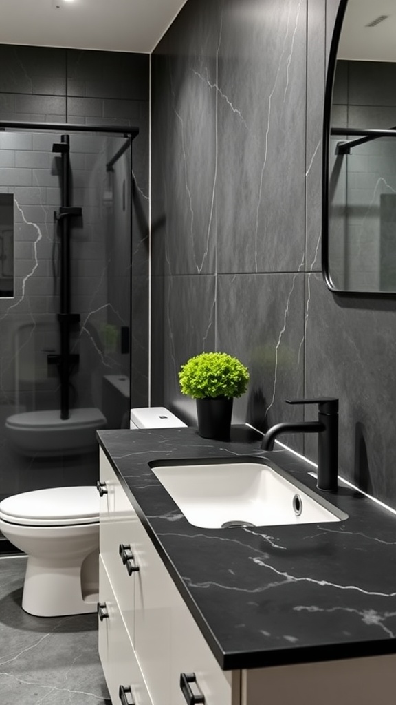Luxurious dark bathroom with matte black fixtures and marble countertop