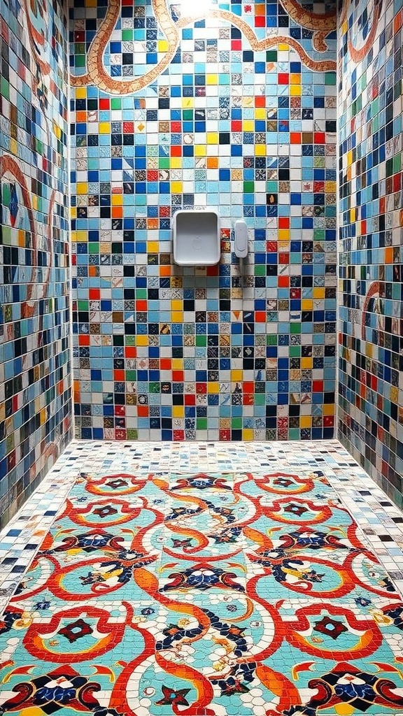 Vibrant mosaic tiles covering the walls and floor of a shower area, featuring intricate patterns and a lively color palette.