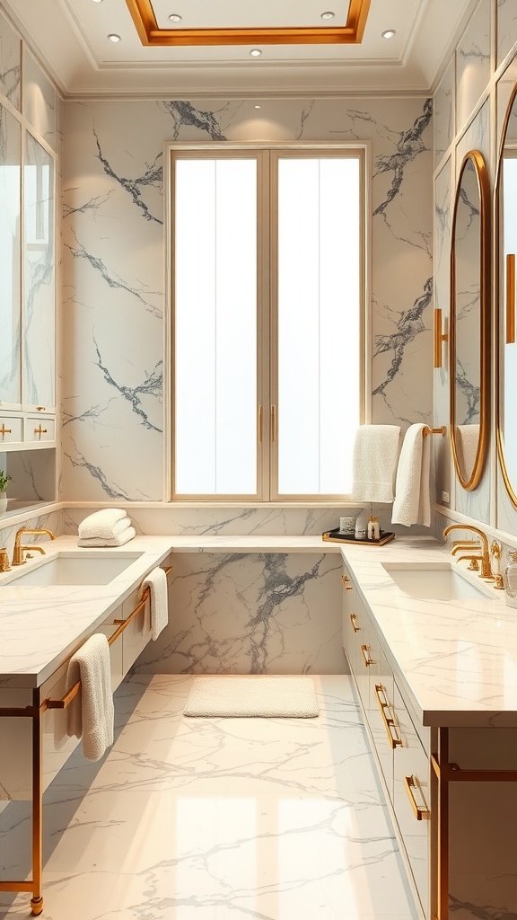 Luxurious bathroom with marble walls and gold fixtures.