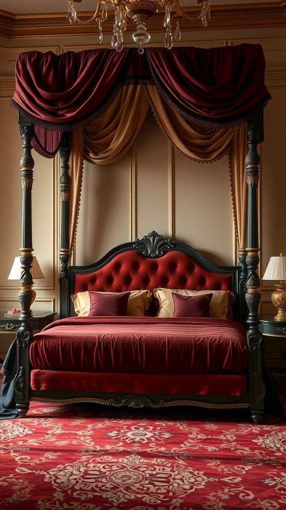 Luxurious velvet canopy bed with rich red fabric and ornate details