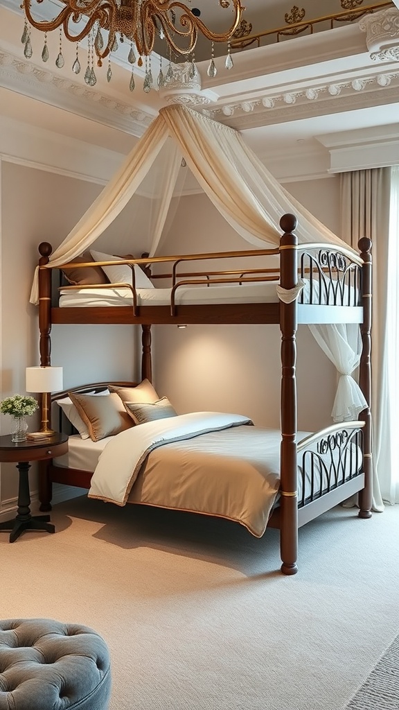 A luxury bunk bed with a canopy, featuring a rich wooden frame and elegant draped fabric.