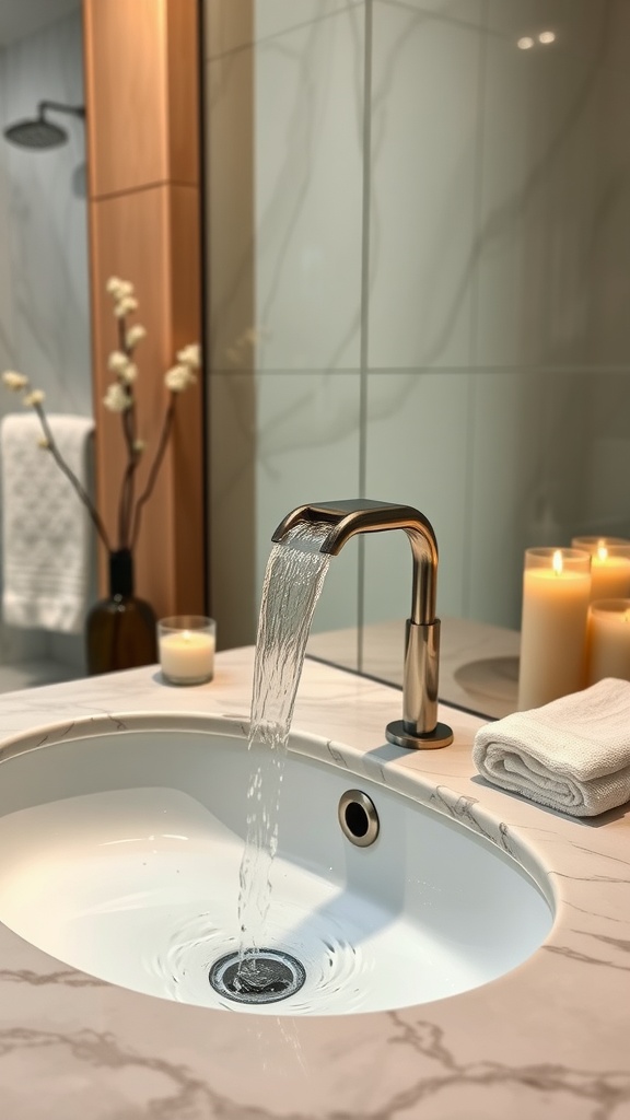 A modern bathroom sink with flowing water, marble countertop, candles, and towels.