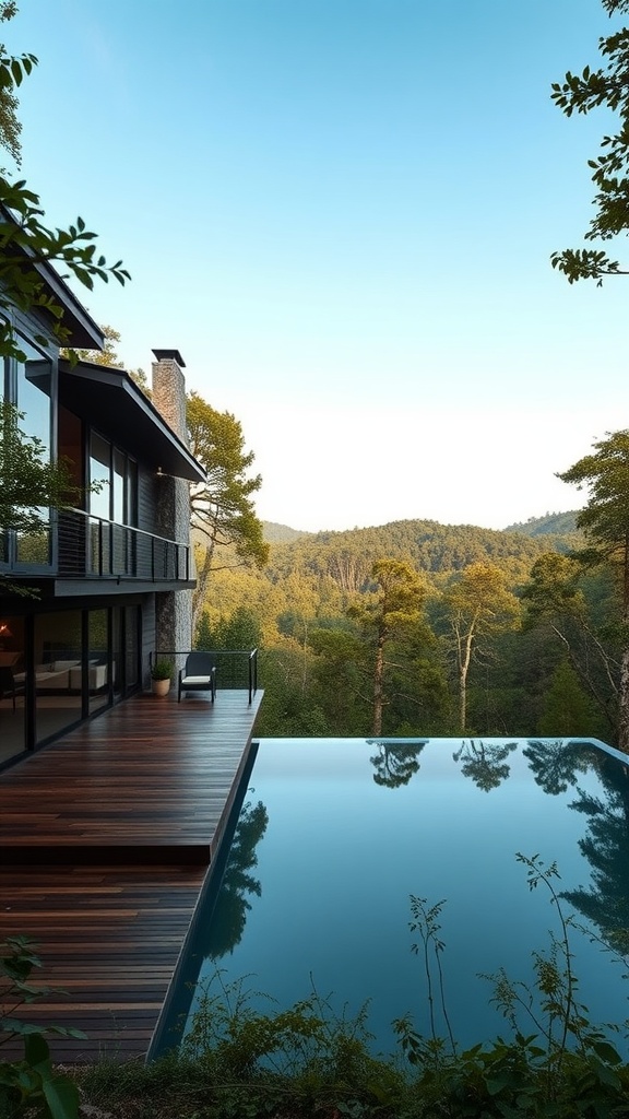 A luxury woodland villa with an infinity pool overlooking a forest landscape.