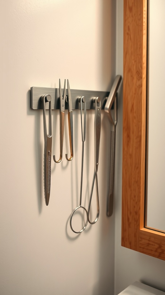 A magnetic strip holding small tools like scissors and tweezers on a bathroom wall.