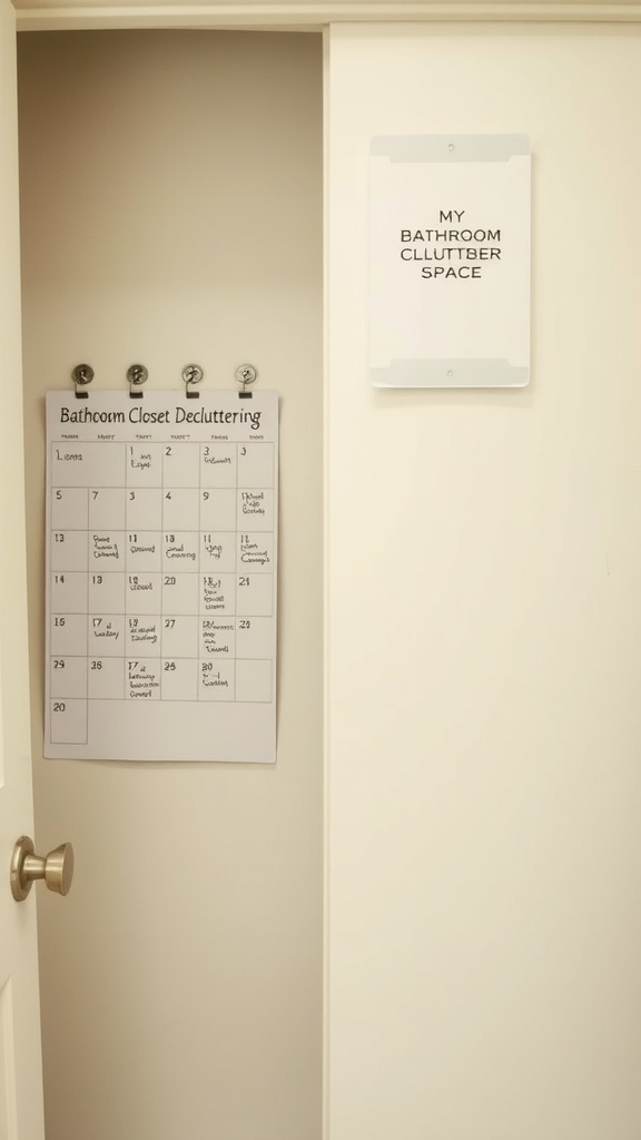 A calendar for bathroom closet decluttering is hanging on a door, with a sign above it that reads 'MY BATHROOM CLUTTER SPACE.'