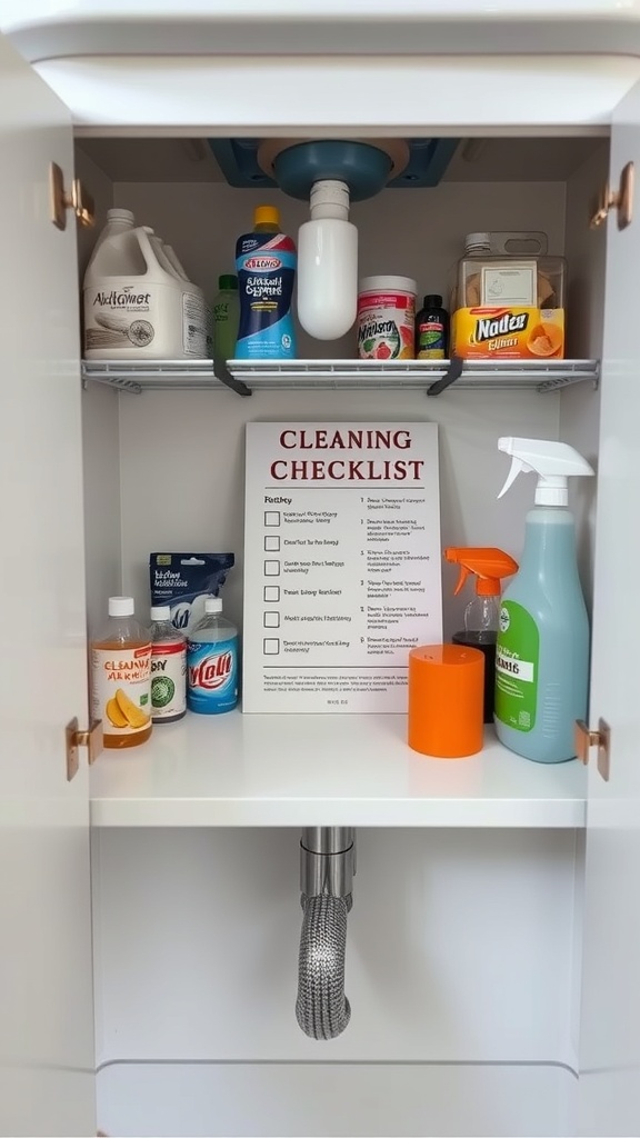 Organized under-sink cabinet with cleaning supplies and a checklist